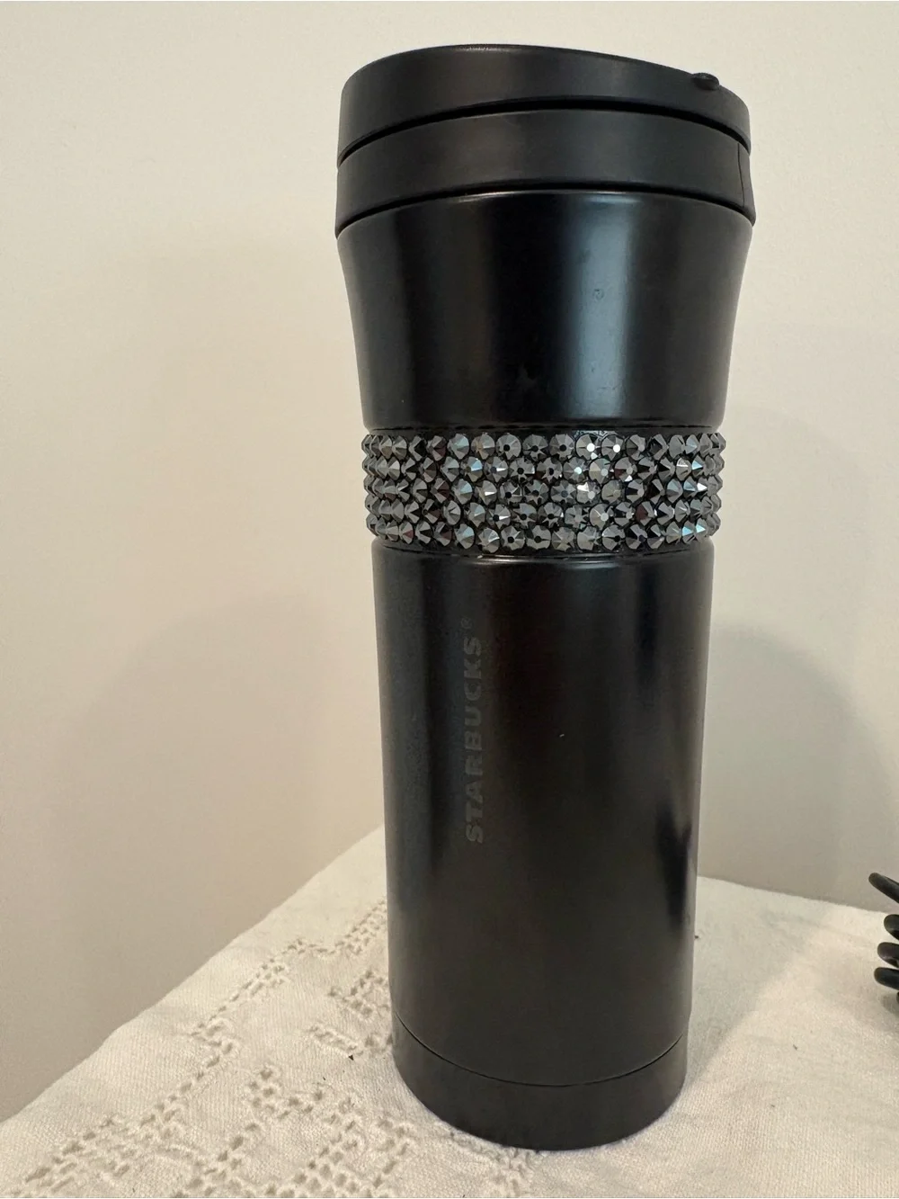 Starbucks Rare Swarovski Crystal Band Black Tumbler Travel Mug Twist Lid 16 oz